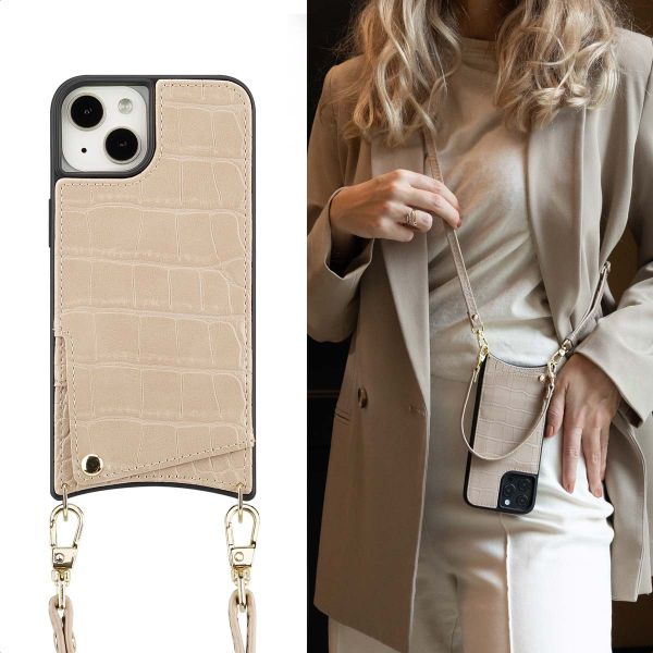 Selencia Nova Croco HandyHülle mit Kordel und Kartenhalter Apple iPhone 13 - Beige