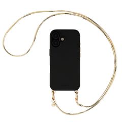 Selencia Rivièra MagSafe Backcover mit abnehmbaren Haken für das Apple iPhone 16 - Velvet Black + Sleek Chain (130 cm) - Gold