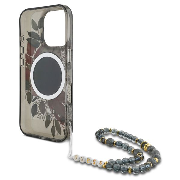 Guess MagSafe IML Flowers Case mit Beads Strap Apple iPhone 16 Pro - Schwarz