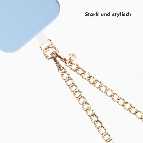 Selencia Rivièra MagSafe Backcover mit abnehmbaren Haken für das Apple iPhone 15 Pro - Powder Blue + Bold Chain (130 cm) - Gold
