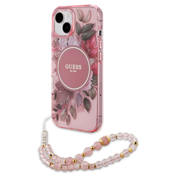 Guess MagSafe IML Flowers Case mit Beads Strap für das iPhone 15 - Pink