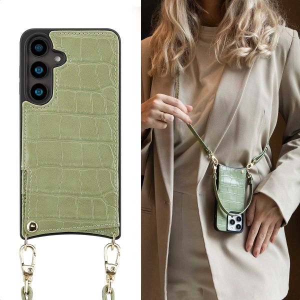 Selencia Nova Croco HandyHülle mit Kordel und Kartenhalter Samsung Galaxy S24 - Sage Green