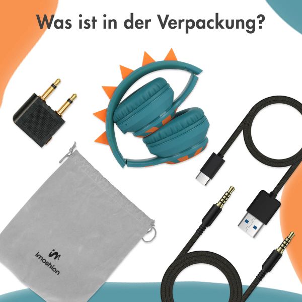 imoshion Kids Dino Bluetooth-Kopfhörer - Kinderkopfhörer mit Dezibelbegrenzer - Drahtloser Kopfhörer + AUX-Kabel - Petrol Green / Orange