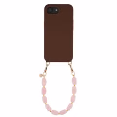 Selencia Rivièra MagSafe Backcover mit abnehmbaren Haken für das Apple iPhone 17e / 16e - Choco Brown + Satin Crush Handykette - Cosmic Candy