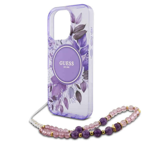 Guess MagSafe IML Flowers Case mit Beads Strap für das iPhone 15 Pro - Purple