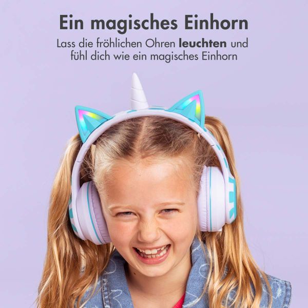 imoshion Kabellose Kinderkopfhörer Unicorn LED Light - Dezibelbegrenzer - Mit AUX-Kabel - Lavender Lilac / Soft Blue