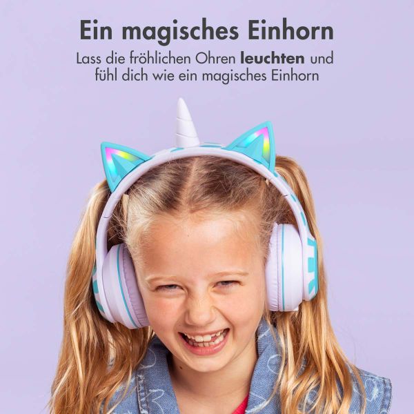 imoshion Kids Unicorn LED Light Bluetooth Kopfhörer - Kinderkopfhörer mit Dezibelbegrenzer - Drahtloser Kopfhörer + AUX-Kabel - Lavender Lilac / Soft Blue