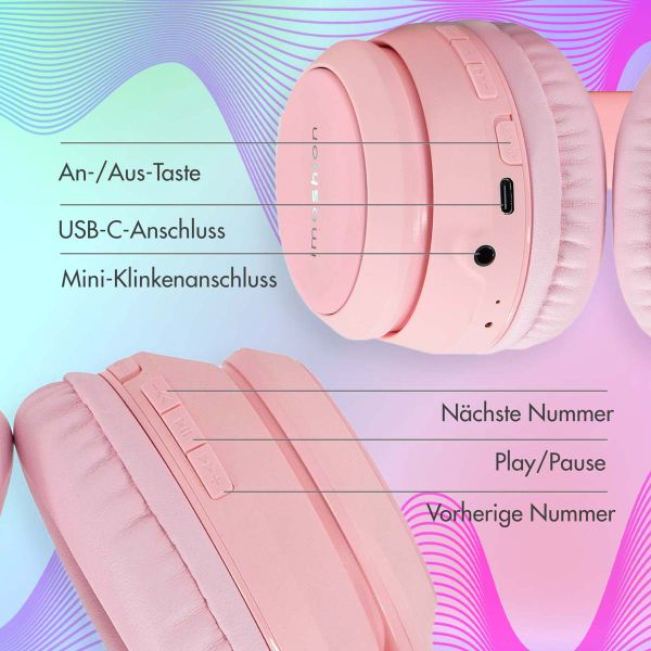 imoshion Kids LED Light Bluetooth-Kopfhörer - Kinderkopfhörer - Kabelloser Kopfhörer + AUX-Kabel - Rosa