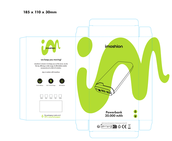 imoshion Powerbank 20.000 mAh - 22,5W Schnellladegerät - USB-C / USB-A - Schwarz