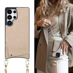 Selencia Nova Croco HandyHülle mit Kordel und Kartenhalter Samsung Galaxy S25 Ultra - Beige