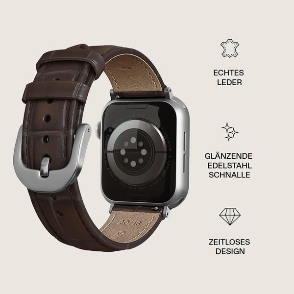 Burga Armband aus echtem Leder für Apple Watch Series 1 - 9 / SE (38/40/41 mm) | Series 10 / 11 (42 mm) - Espresso / Silver