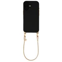 Selencia Rivièra MagSafe Backcover mit abnehmbaren Haken für das Apple iPhone 16 - Velvet Black + Sleek Chain Handykette - Gold