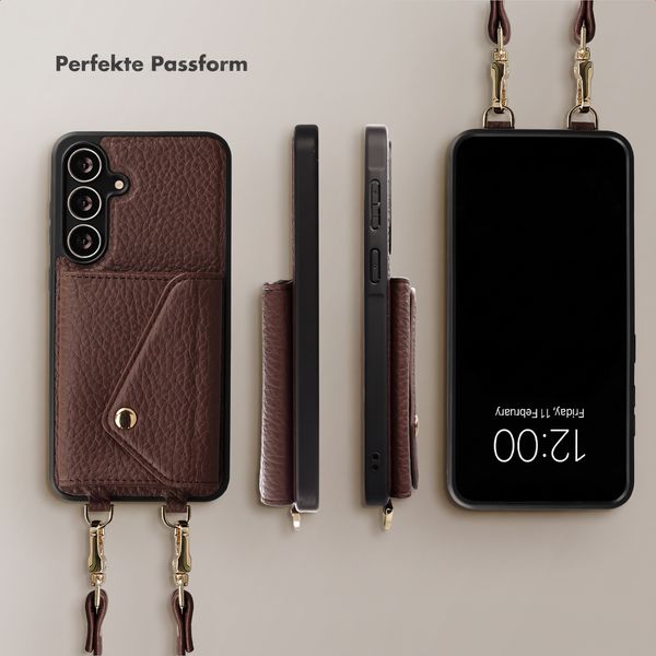 Selencia Sera HandyHülle mit Kordel und Umschlag-Kartenhalter Samsung Galaxy S25 FE - Chocolate Brown
