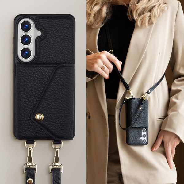 Selencia Sera HandyHülle mit Kordel und Umschlag-Kartenhalter Samsung Galaxy S26 - Schwarz