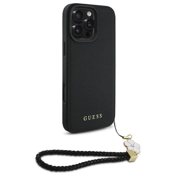 Guess Grained Back Cover MagSafe mit Flower Charm Strap Apple iPhone 16 Pro - Schwarz