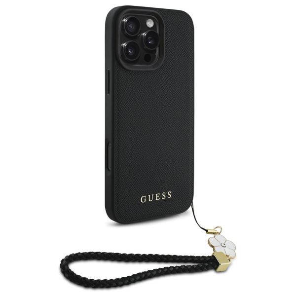 Guess Grained Back Cover MagSafe mit Flower Charm Strap für das iPhone 16 Pro - Schwarz