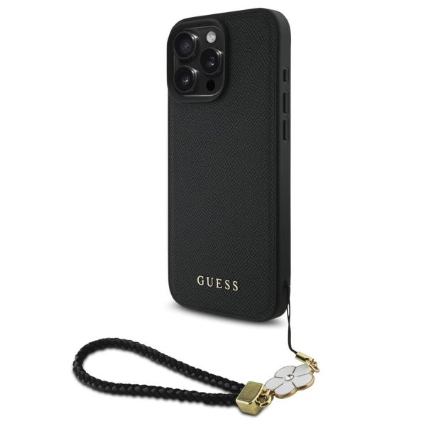 Guess Grained Back Cover MagSafe mit Flower Charm Strap für das iPhone 16 Pro - Schwarz