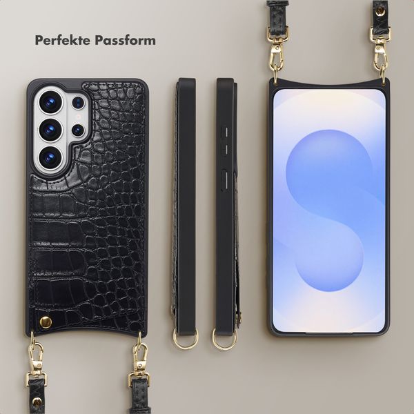 Selencia Nova Croco HandyHülle mit Kordel und Kartenhalter Samsung Galaxy S26 Ultra - Schwarz