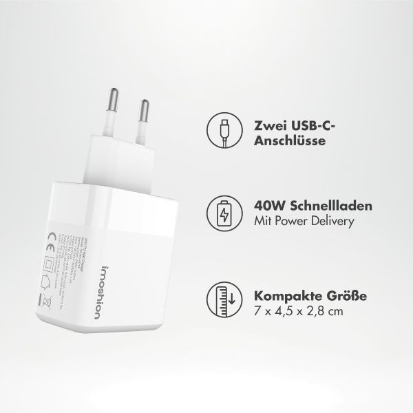 imoshion Wandladegerät - Netzteil - 2x USB-C 40 W + geflochtenes USB-C-zu-USB-C-Kabel 60 W - 1 Meter - Weiß
