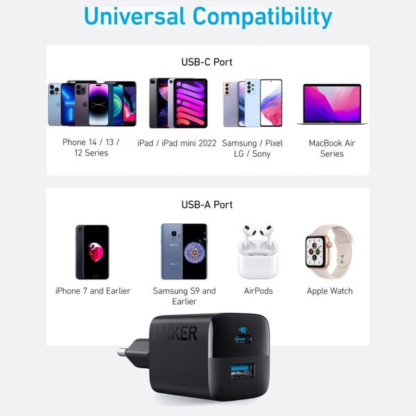Anker Wandladegerät 323 | 33 Watt Schnellladegerät - USB-A + USB-C - Schwarz