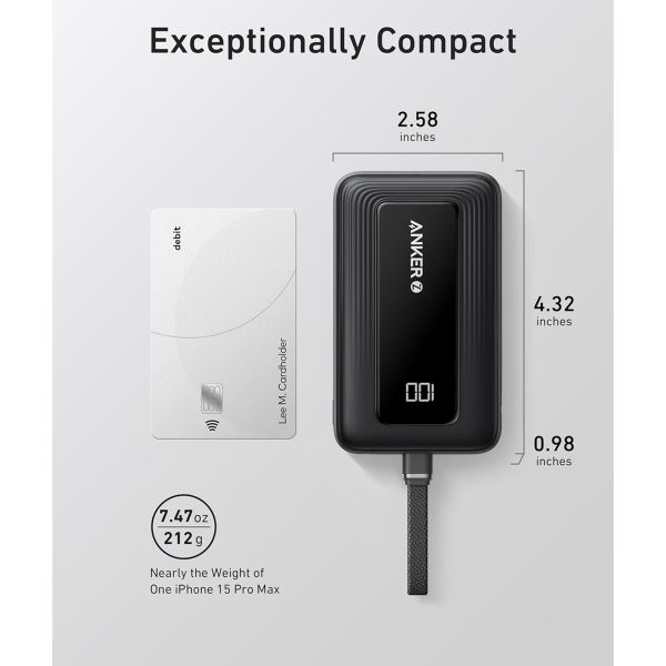 Anker Zolo Powerbank | 10.000 mAh - 30 Watt - Mit integriertem USB-C Kabel - Schwarz