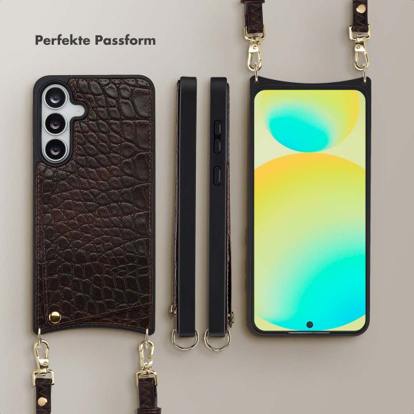 Selencia Nova Croco HandyHülle mit Kordel und Kartenhalter Samsung Galaxy S25 FE - Choco Brown