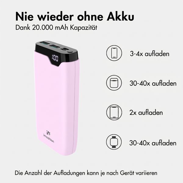 imoshion Powerbank 20.000 mAh - 22,5W Schnellladegerät - USB-C / USB-A - Rosa