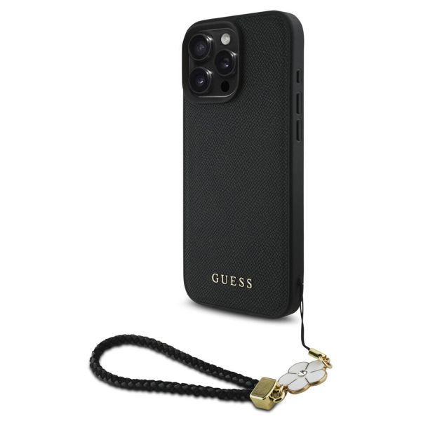 Guess Grained Back Cover MagSafe mit Flower Charm Strap Apple iPhone 16 Pro Max - Schwarz