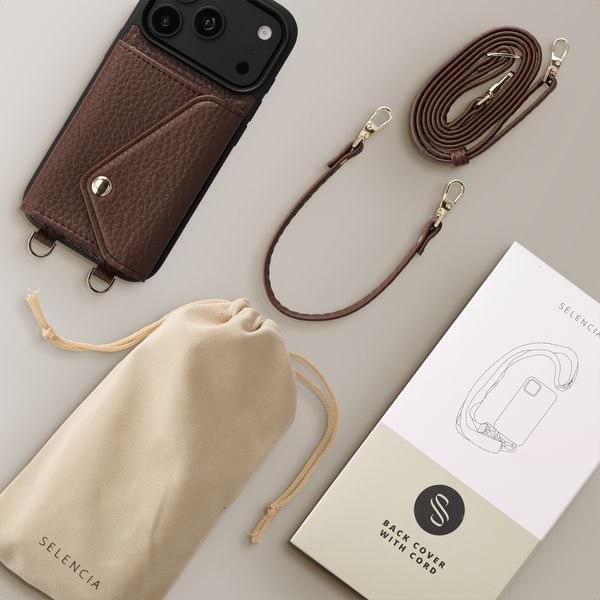 Selencia Sera HandyHülle mit Kordel und Umschlag-Kartenhalter Apple iPhone 18 Pro Max / 17 Pro Max - Chocolate Brown