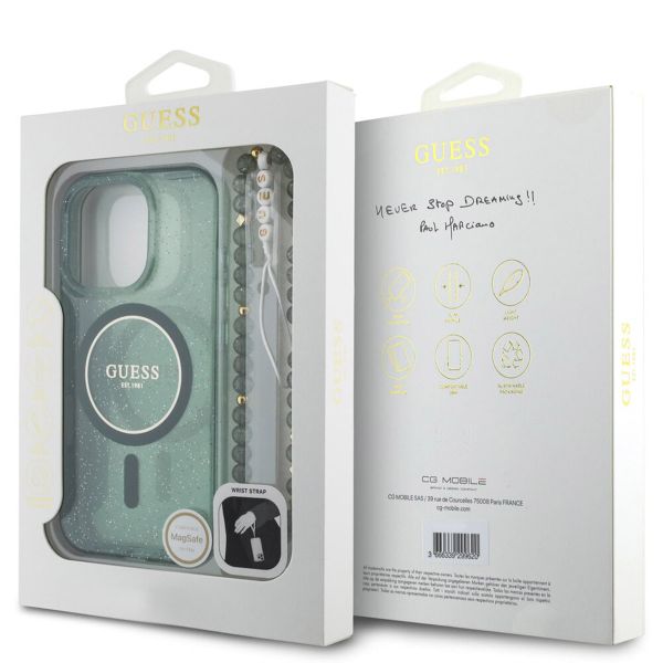 Guess MagSafe IML Glitter Case mit Beads Strap Apple iPhone 16 Pro - Green