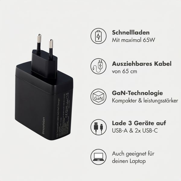 imoshion GaN-Ladegerät mit ausziehbarem USB-C-Kabel 65W - USB-A + USB-C - Schwarz