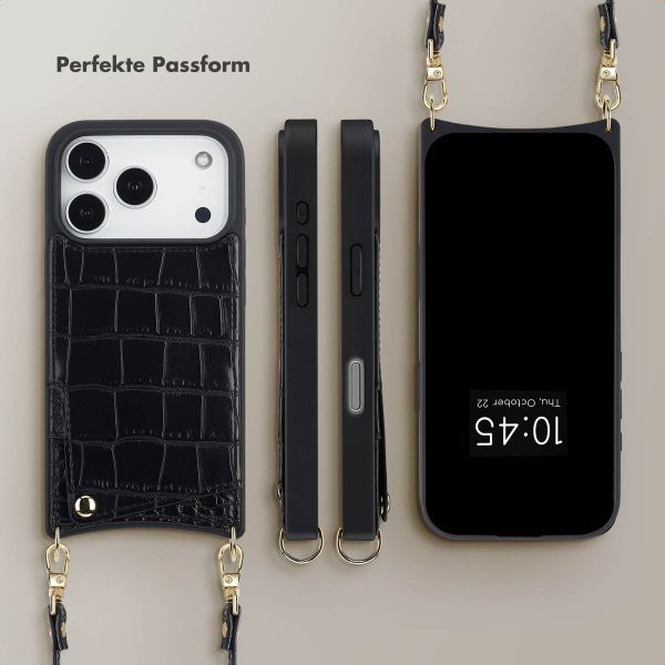 Selencia Nova Croco HandyHülle mit Kordel und Kartenhalter Apple iPhone 17 Pro - Schwarz