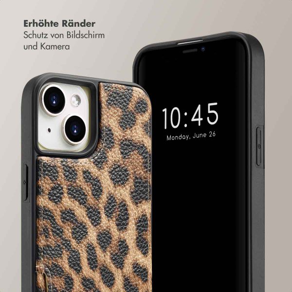 Selencia Nova Back Cover mit Kordel und Kartenhalter für das iPhone 15 - Leopard