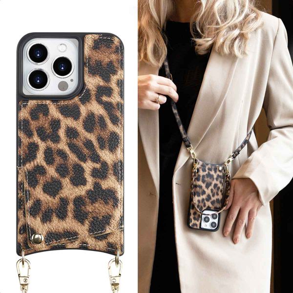 Selencia Nova Back Cover mit Kordel und Kartenhalter für das iPhone 14 Pro - Leopard