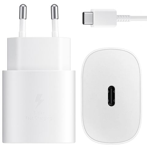Samsung Original USB-C auf USB-C Kabel - 1,8 Meter - 25 Watt + Original Fast Charging Adapter USB-C Ladegerät - 25 Watt - Weiß