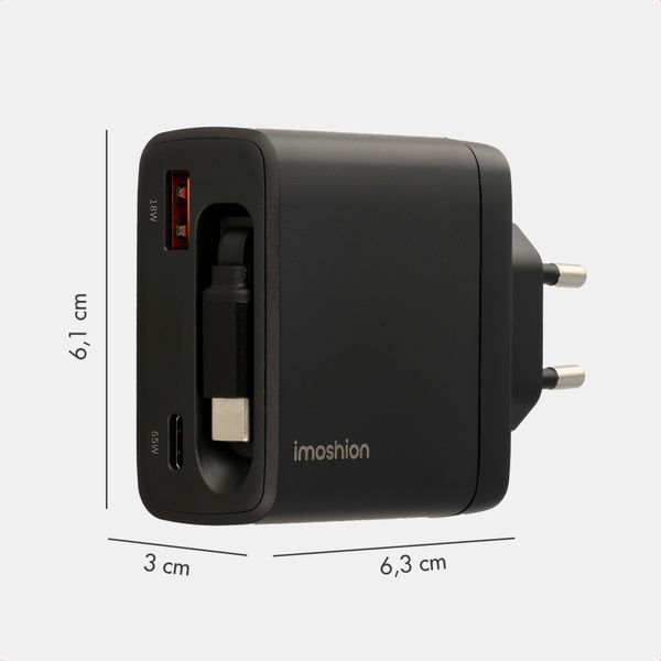 imoshion GaN-Ladegerät mit ausziehbarem USB-C-Kabel 65W - USB-A + USB-C - Schwarz