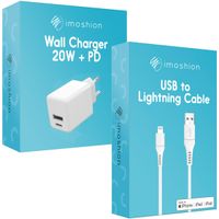 imoshion Wand-Ladegerät mit MFI-zertifiziertem Lightning- auf USB-A-Kabel - Ladegerät - Geflochtenes Gewebe - 20 Watt - 1,5 m - Weiß