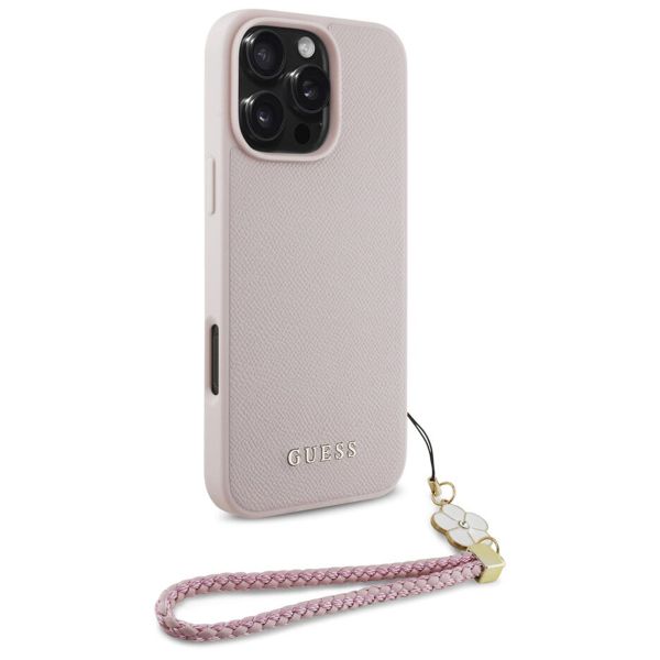 Guess Grained Back Cover MagSafe mit Flower Charm Strap für das iPhone 16 Pro - Rosa