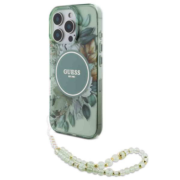 Guess MagSafe IML Flowers Case mit Beads Strap für das iPhone 16 Pro - Green