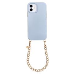 Selencia Rivièra MagSafe Backcover mit abnehmbaren Haken für das Apple iPhone 12 / 12 Pro - Powder Blue + Bold Chain Handykette - Gold
