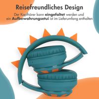 imoshion Kids Dino Bluetooth-Kopfhörer - Kinderkopfhörer mit Dezibelbegrenzer - Drahtloser Kopfhörer + AUX-Kabel - Petrol Green / Orange