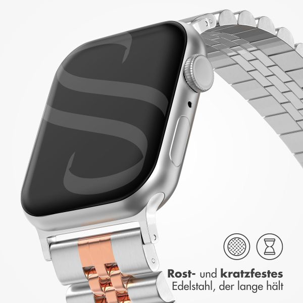 Selencia Jubilee-Edelstahlarmband für Apple Watch Series 1 t/m 9 / SE (38/40/41 mm) | Series 10 / 11 (42 mm) - Zilver & Rosé Goud / Silver & Rose Gold