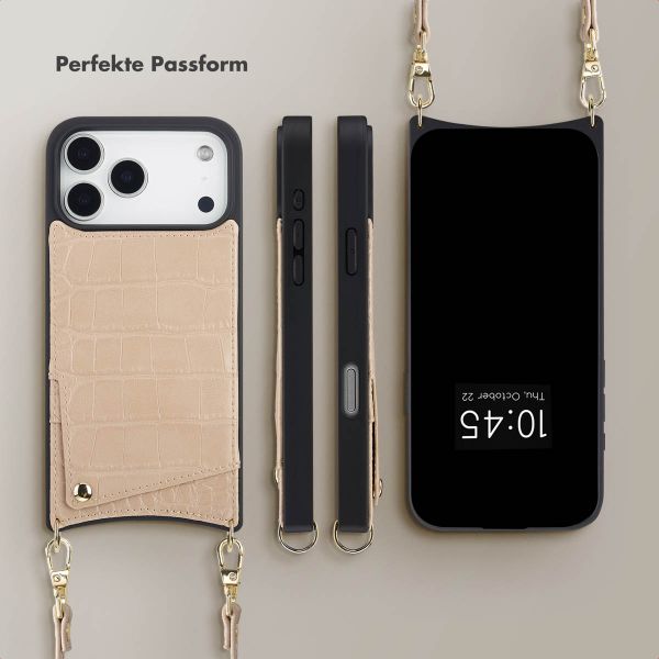Selencia Nova Croco HandyHülle mit Kordel und Kartenhalter Apple iPhone 17 Pro Max - Beige