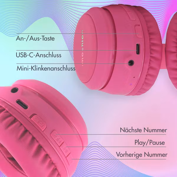 imoshion Kabellose Kinderkopfhörer LED Light - Dezibelbegrenzer - Mit AUX-Kabel - Hot Pink