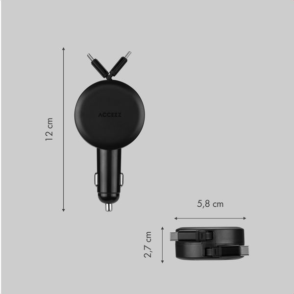 Accezz Autolader mit ausziehbaren Kabeln – USB-C / USB-C – 60W – Schwarz