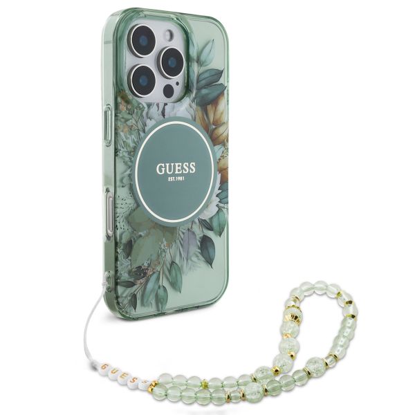 Guess MagSafe IML Flowers Case mit Beads Strap Apple iPhone 16 Pro - Green