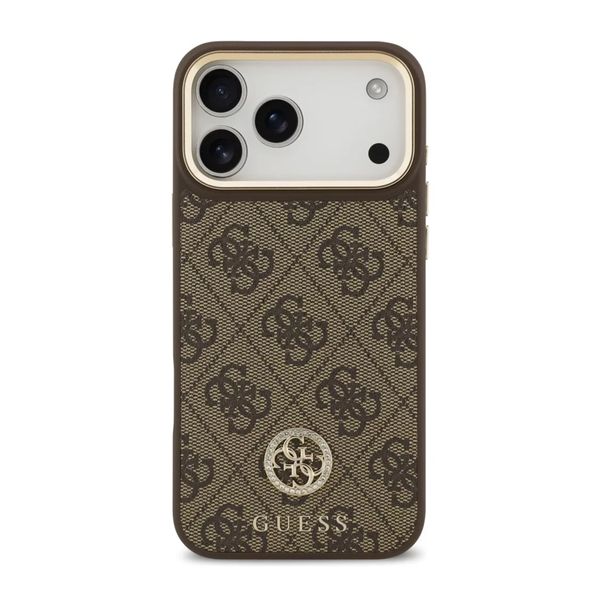 Guess Classic Strass Logo Leather Back Cover mit MagSafe Apple iPhone 17 Pro - Braun