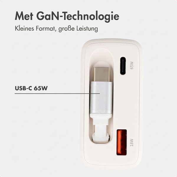 imoshion GaN-Ladegerät mit ausziehbarem USB-C-Kabel 65W - USB-A + USB-C - Weiß