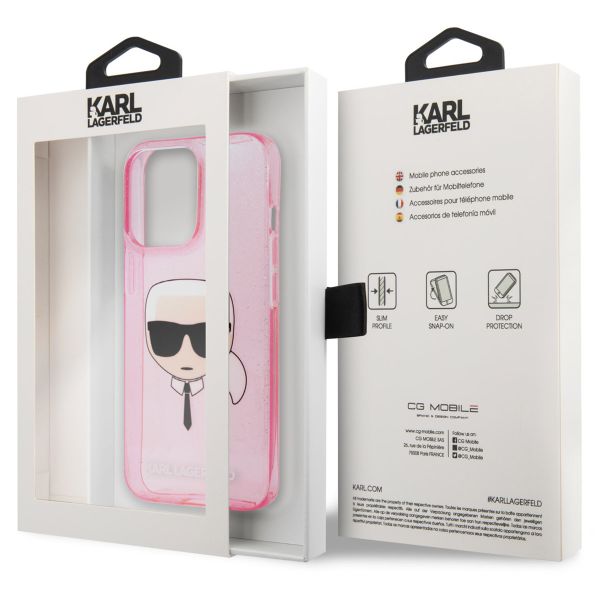 Karl Lagerfeld Karl's Head Silikonhülle Glitter für das iPhone 13 Pro - Transparent Rosa