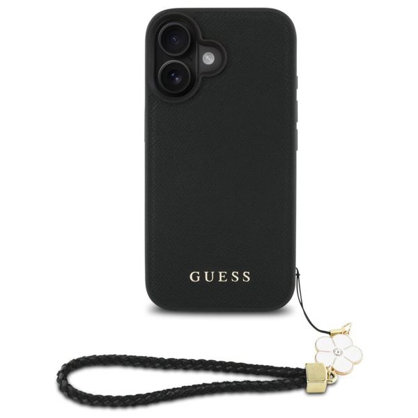 Guess Grained Back Cover MagSafe mit Flower Charm Strap Apple iPhone 16 - Schwarz